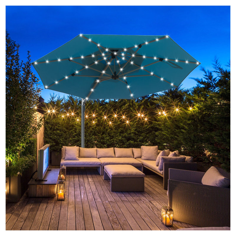 360 rotating patio umbrella PatioKingdom Lighted Cantilever with Base – Kingdom tight spaces near pool edges UV-Resistant Tilting Patio Umbrella |