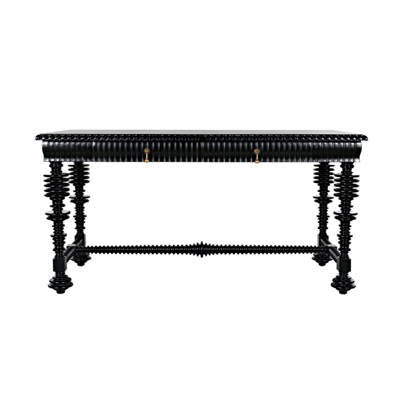 Elegant Portuguese 60'' Hand Rubbed Black Solid Wood Writing Desk with Drawer
