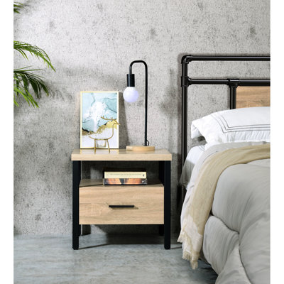 Table d'appoint en chêne et noir, pieds en métal, 1 tiroir et espace ouvert avec pieds, compartiment