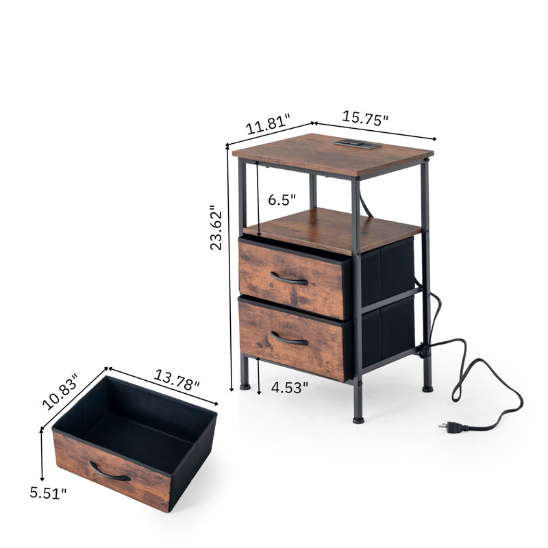 3-Tier Nightstands With Charging Station,Set Of 2,End Table,Bed Side Table With Two Fabric Drawers