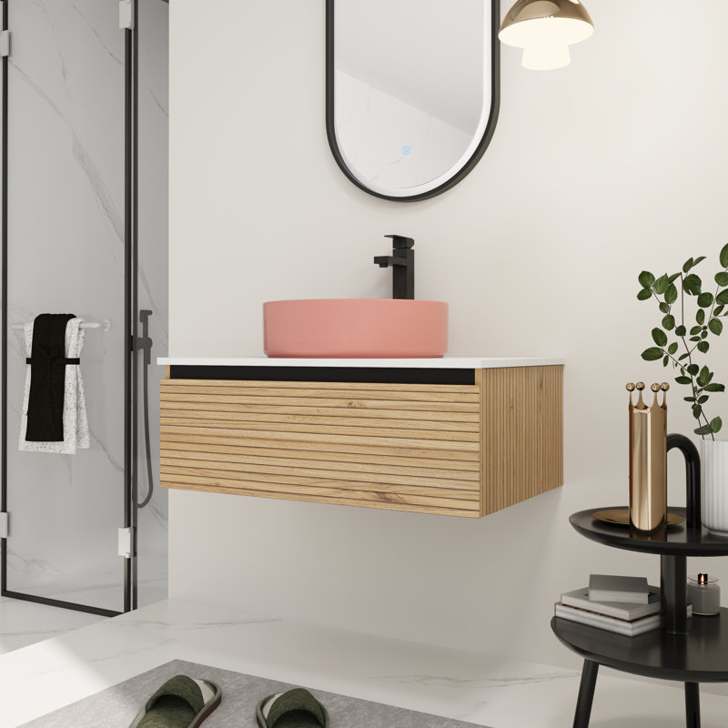 30" Ceramic Sink Bathroom Vanity - Wall Mounted, Soft-Close Drawer, 30", Pink