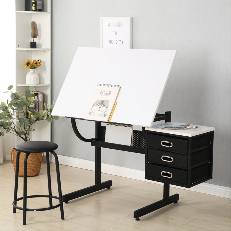 Table à dessin blanche avec 3 tiroirs et tabouret, robuste pour les expressions artistiques réglables et blanches, créations variées