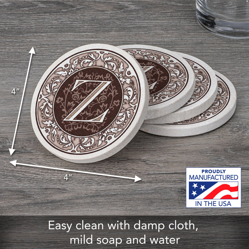 Ophelia & Co. 4 Pack Monogram Sandstone Coasters in Bronze Iron Ram Coaster Holder, Z