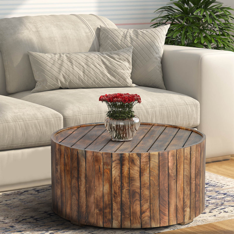 Table basse ronde en bois massif fabriquée à la main de 34 pouces, conception de planches brunes brûlées