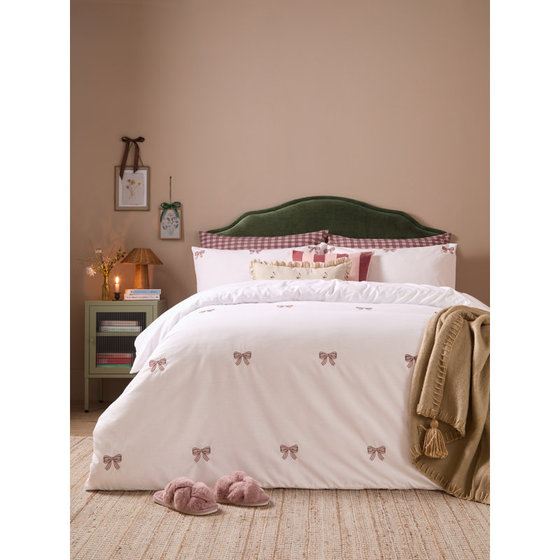 Embroidered Bows Cotton Blend No Pattern Duvet Cover Set, Single Duvet Cover + 1 Standard Pillowcase