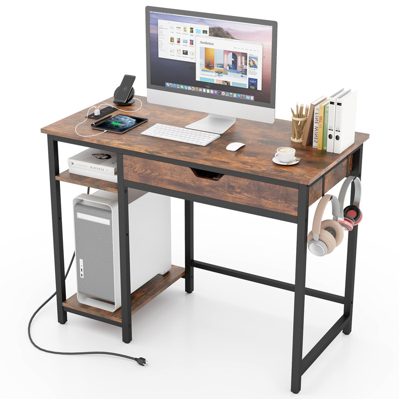 Bureau d'ordinateur 17 po 40 po avec tiroir pour station de charge et crochets réglables pour casque d'écoute
