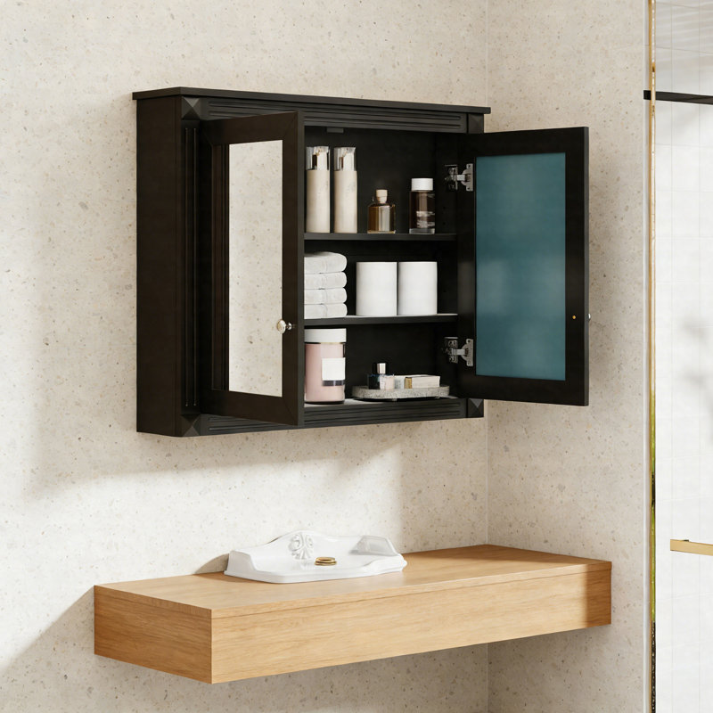 Armoire à pharmacie murale 36 po x 28 po avec 2 miroirs, 2 tablettes réglables, rangement moderne et armoire à miroir, Noir