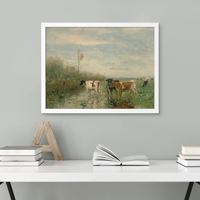 «Pastoral Cow Farm Field» sur papier, H 12 po x l 16 po, Blanc