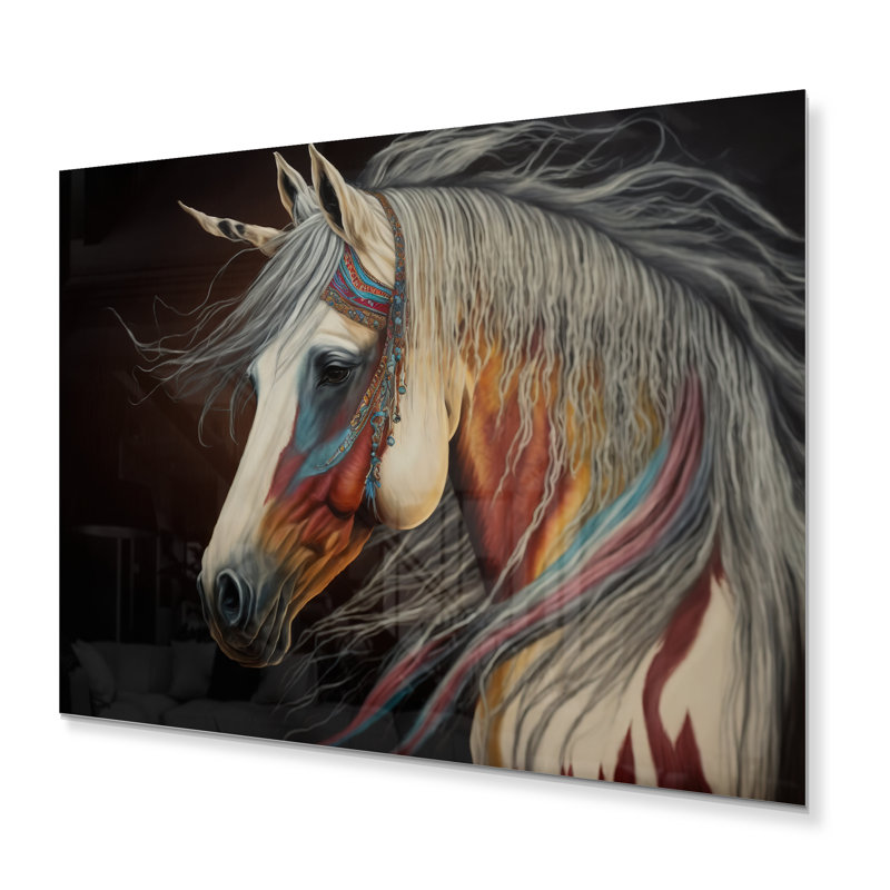 Cheval indien avec crinière colorée V - décoration murale moderne en métal, H 12 po x l 20 po x P 1 po