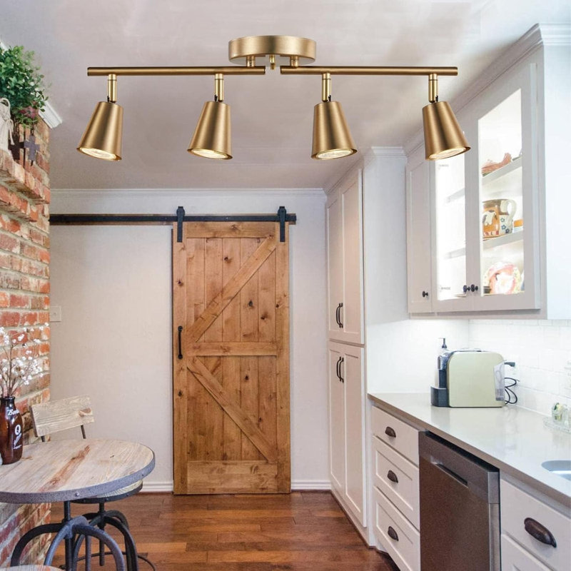 4 Light Track Lighting Kit Matt Brass Finish Adjustable With Moden Flush Mount Ceiling Spotlight