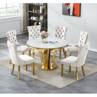 Round Dining Table Set, White Faux Marble Dining Table & Velvet Chairs with Stainless Steel Pedestal, 44.88" Dining Room Table and Chairs Set,  Circle Dining Table Set
