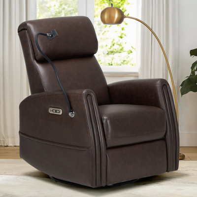 Power Recliner Chair with 270° Swivel Glider Rocker Dual Charging Ports Side Pocket Brown