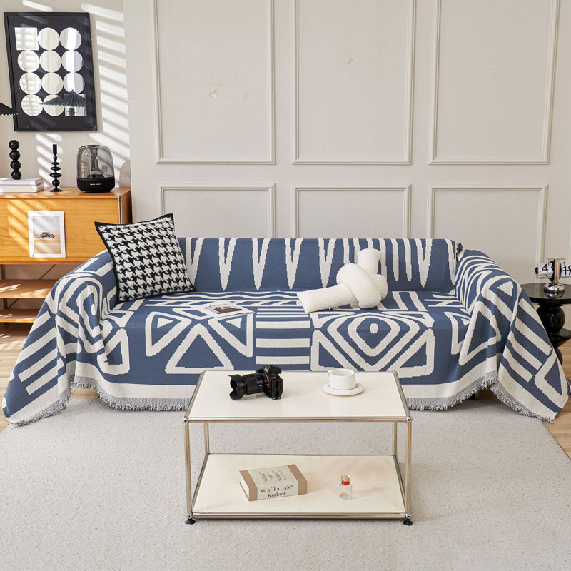 Boho Chenille Multiple Sizes Triangle Plaid Sectional Cushion Slipcover, 71" H x 150" W x 0.1" D, Blue