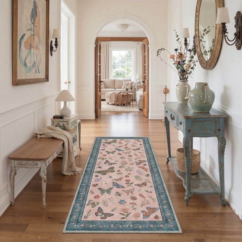 Vintage Machine Washable Pink / Blue Indoor Area Rug with Non-Slip Backing, Runner 2' x 6'