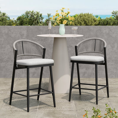 Outdoor 26" Seat Height Metal Frame Counter Stools With PE Rattan Scallop-Shaped Backrest, Set Of 2, Matte Black