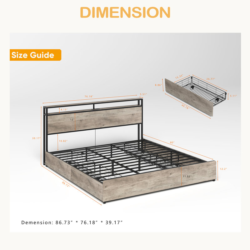 Structure de très grand lit, tête de lit avec station de charge, solide et stable, sans bruit, aucun sommier requis, assemblage facile