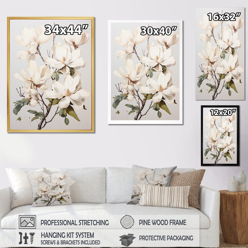 Beauté de magnolia beige et vert en pleine floraison - impressions sur toile Magnolias, Cadre flottant noir