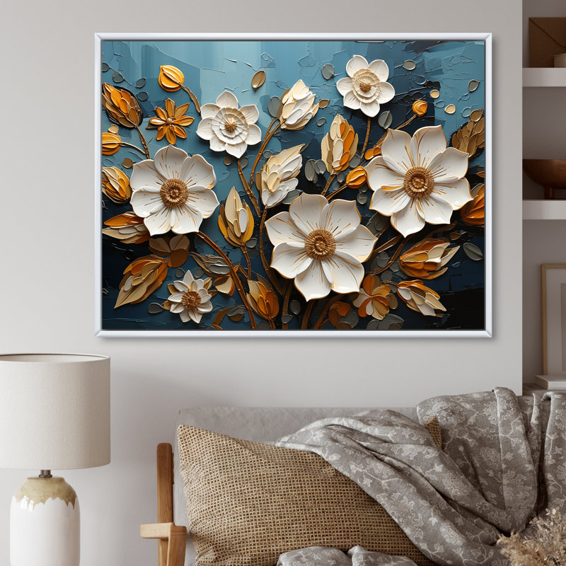«White and Gold Charming Spring Flower Elegance IV», art mural fleurs, Cadre flottant blanc, H 16 po x l 32 po x P 1 po