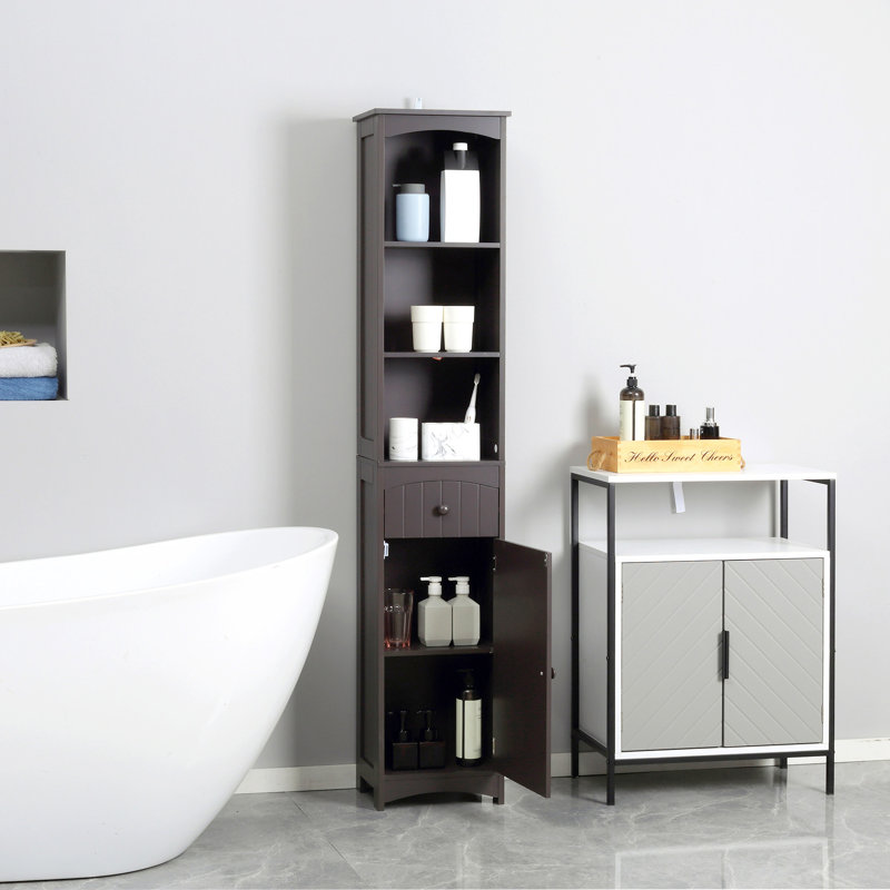 Armoire de rangement pour salle de bain, unité de rangement pour salle de bain autoportante, grande tour à linge avec tablettes à 3 niveaux et tiroir