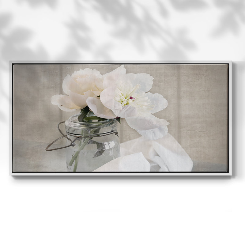Pot Mason Bloom II - Toile tendue avec châssis encadré - Prêt à être accroché, H 17 po x l 33 po, Blanc
