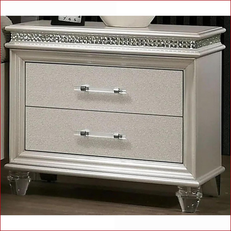 Table de chevet contemporaine à 2 tiroirs en bois massif blanc perle avec pieds en acrylique Contemporary