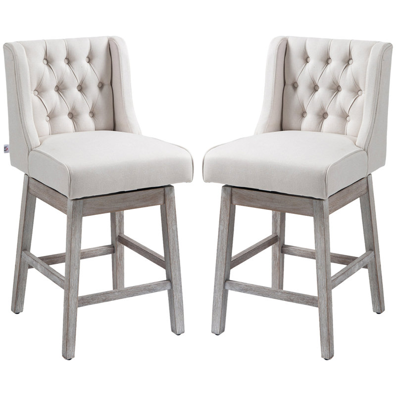 Counter Height Bar Stools Set Of 2, 180 Degree Swivel Barstools, Seat Height Bar Chairs With Solid Wood Footrests And Button Tufted Design