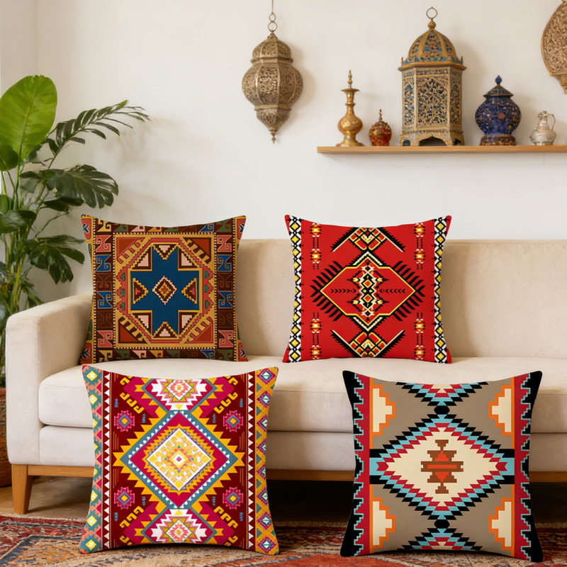 Ensemble de 4 coussins de lit double à housse de coussin épaisse bohémienne et housse de coussin de style marocain 45 x 45 cm / 17,7 x 17,7 po, B4