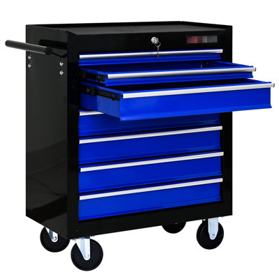 7 Workshop Tool Trolley, Black Blue, Strong, Lockable, 15Kg Capacity, Bearing Drawers, 4 With Brake And Robust Steel, 2 No
