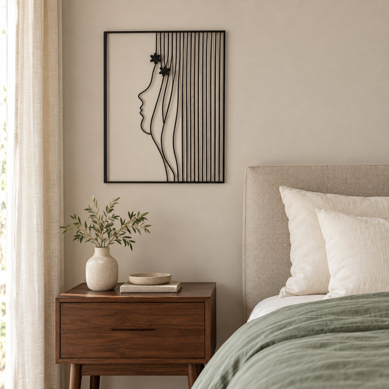 19" Black Abstract Female Face Line Metal Wall Art for Bedroom and Living Room