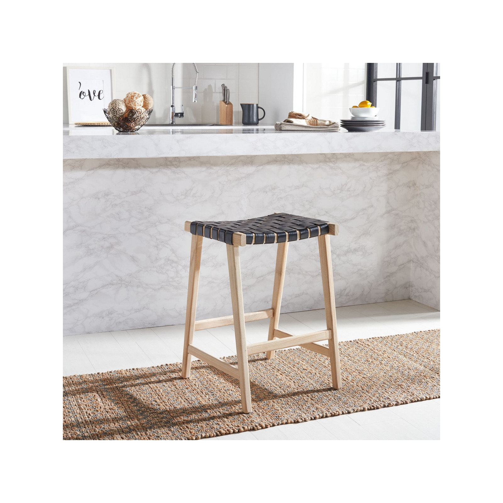 Alston Backless Leather Bar & Counter Stool, Counter Stool (26.77” Seat Height), Light Natural, Black