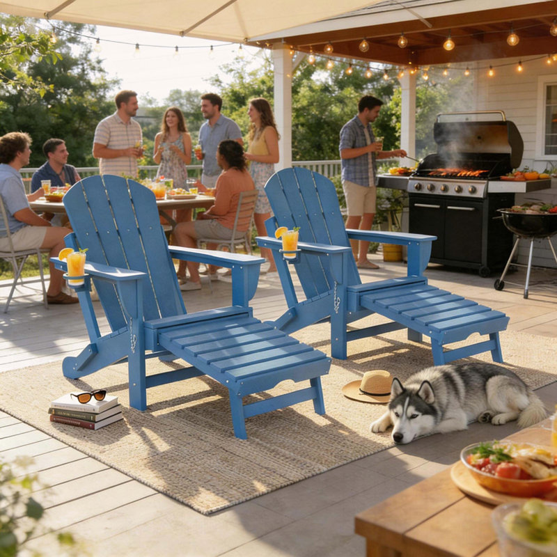 Chaise Adirondack pliante avec repose-pieds caché - PEHD, porte-gobelet et grain de bois réaliste pour patio ou foyer