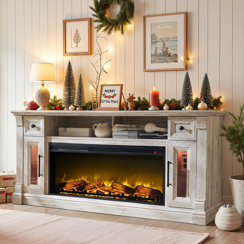 70"ModernFarmhouseFireplaceTVStandforTVsUpto 80",Antique Brush White, Antique Brush White