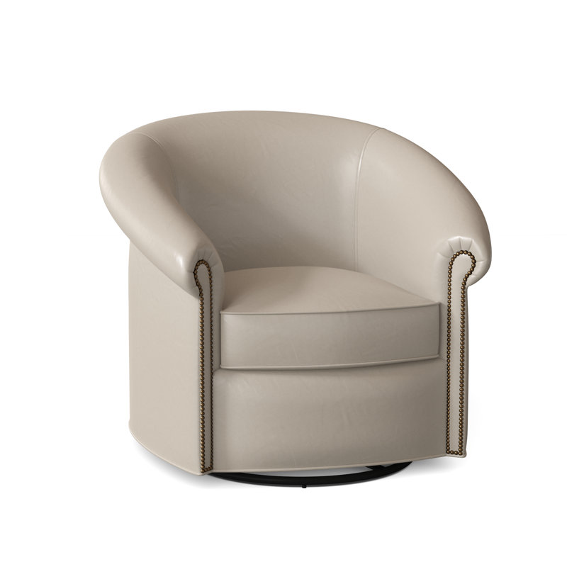 Stellan Swivel Barrel Chair, Swivel-Memory, French Natural, Aline Light Gray Stonewash Genuine Leather