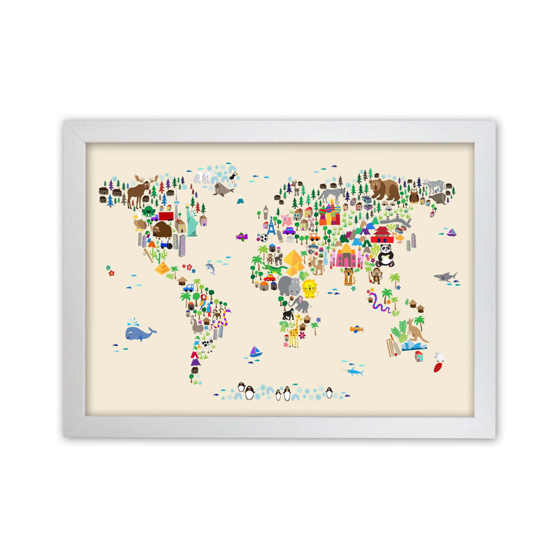 Animal Map Of The World by Michael Tompsett - Print, White Framed, 64cm H x 88cm W x 3cm D