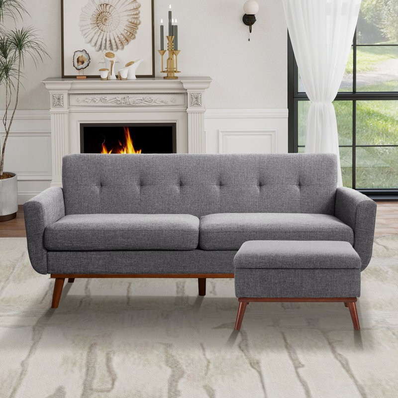 78'' Square Arms Sofa With Ottoman Tufted Upholstered Living Room Set, Gray