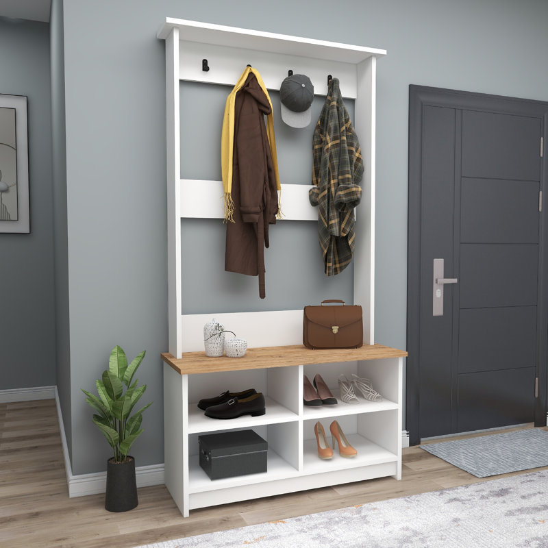 Shoe Storage Hall Tree with Lakay, Atlantic Pine/White