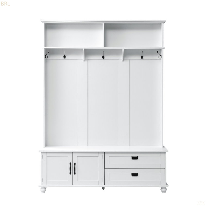 Arbre d'entrée de style moderne avec armoire de rangement et 2 grands tiroirs, banc de vestibule avec 5 crochets, Blanc