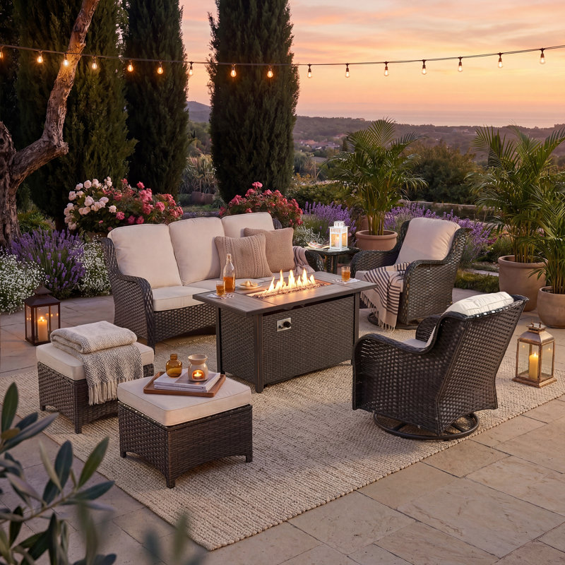 5 - Person Wicker Outdoor Conversation Set, Patio Sofa & Swivel Chair Set with Fire Pit and Cushions
