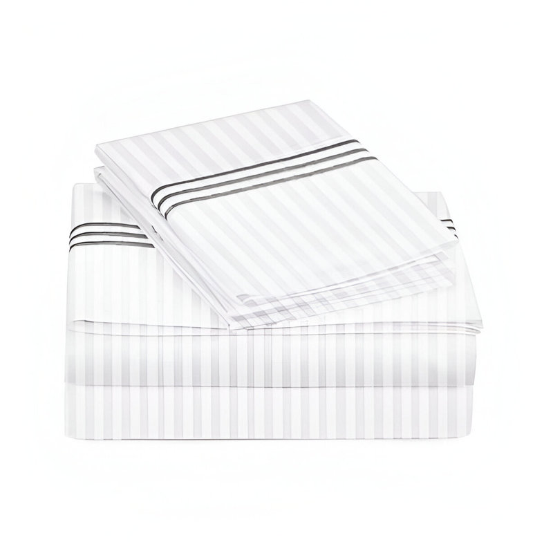 400TC Triple Embroidery Sateen Stripe Cotton 4 Piece Sheet Set Fitted Sheet Fits Upto 16" Deep Pocket, Dark Gray Border