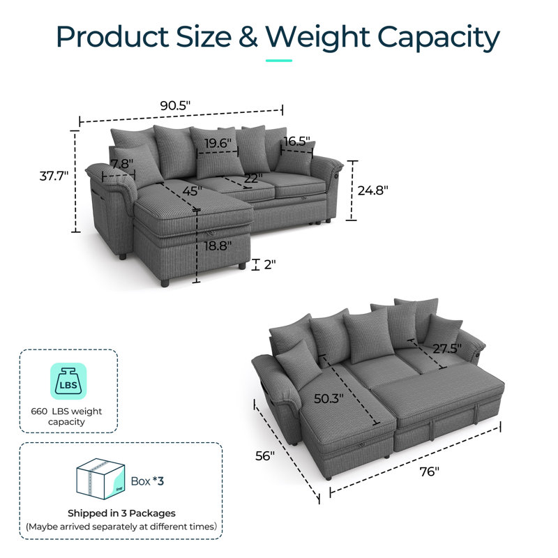  Felipe Upholstered Modular Sectional, Lena Gray Corduroy