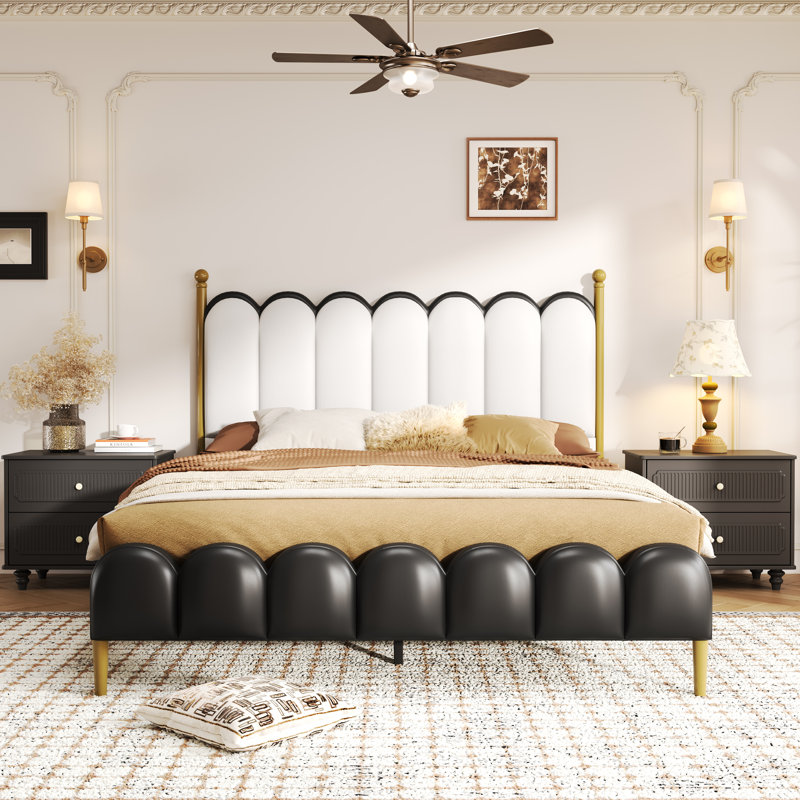 Zechariah PU Leather Upholstered Platform Bed, White/Black, Queen