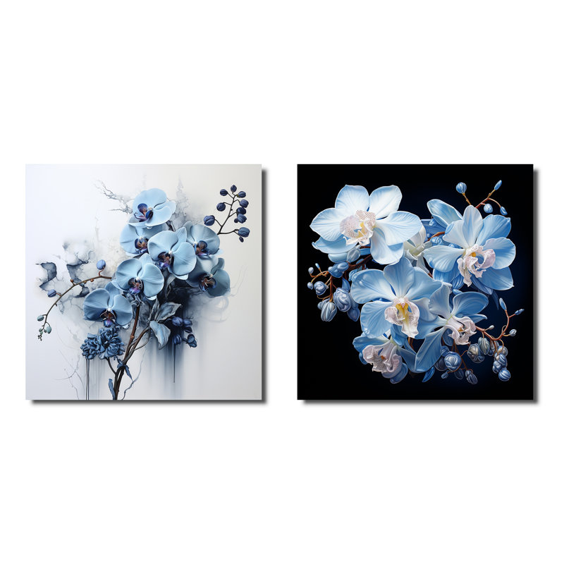Minimalisme orchidée en fleurs dans délicat abstraction - ensemble de 2 orchidées carrées, H 16 po x l 33 po, Toile tendue