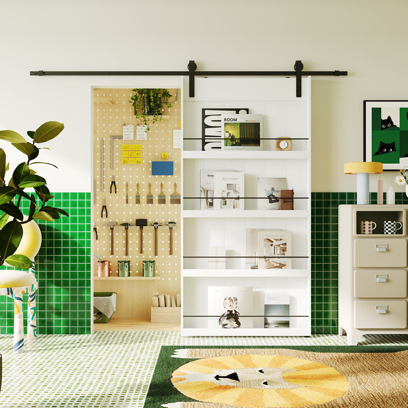 Sliding Barn Door With Four Levels Shelfs With Hardware Kit Included, 1, 30" x 84"