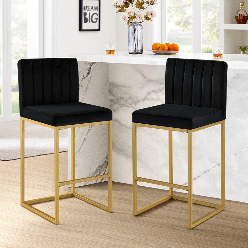 Upholstered Counter Stool with Metal Frame (Set of 2), Black