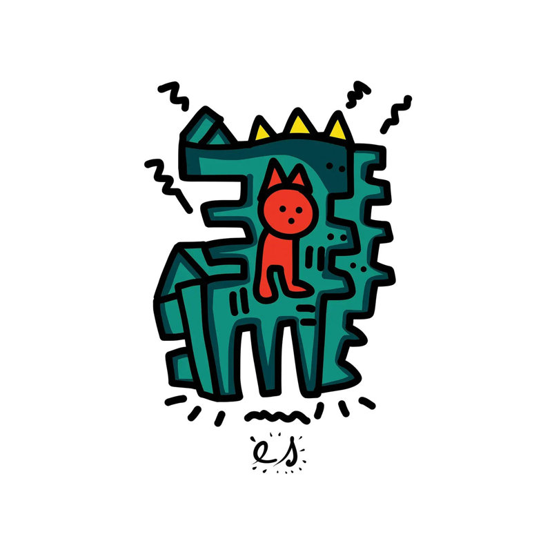 Red Child And Green Monster Friend by Emmanuel Signorino - Wrapped Canvas Print, 30.48 cm H x 45.72 cm W