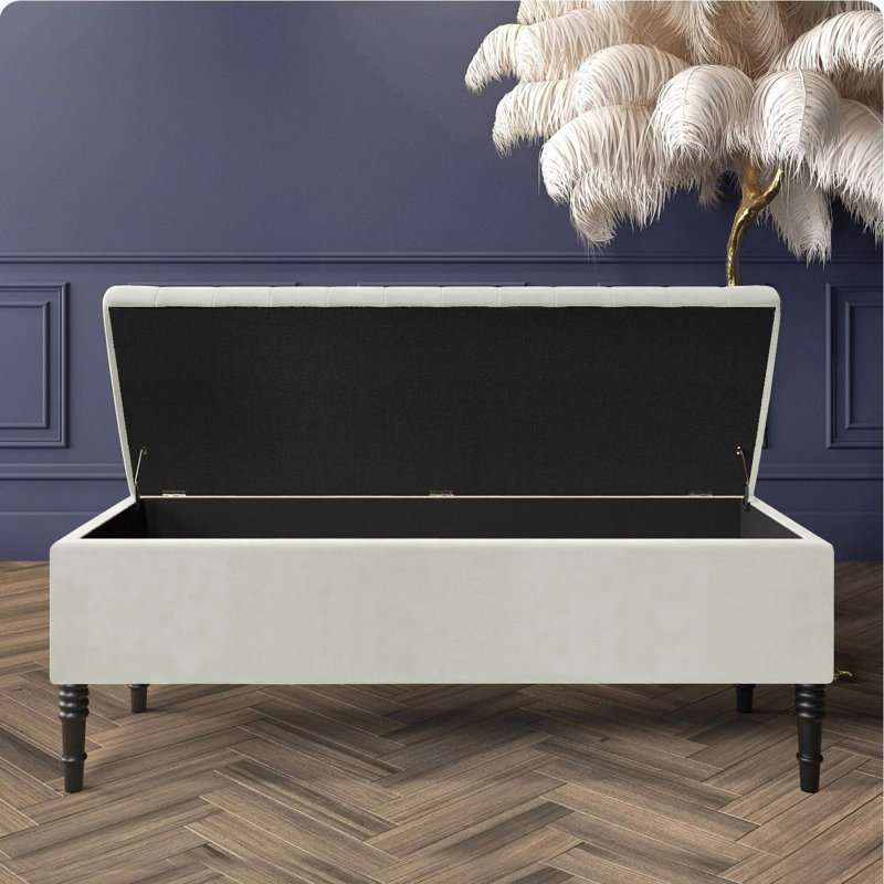Paris Striped Ottoman Storage Bench - Upholstered Plush Velvet Shoes Bench with Black Turned Wooden Legs, Cream