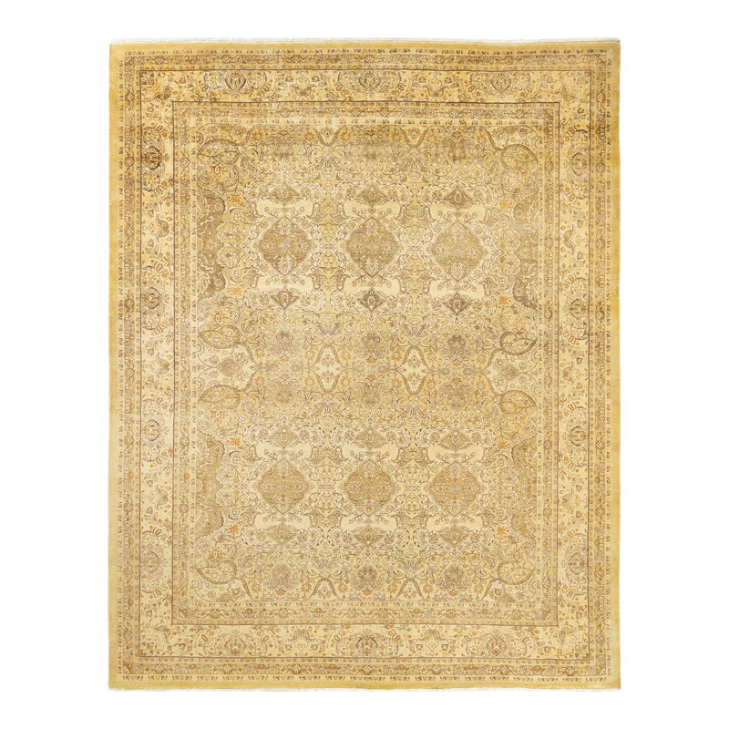 Tapis jaune en laine noué à la main de conception unique 8 pi 2 po x 10 pi 3 po Ohlone