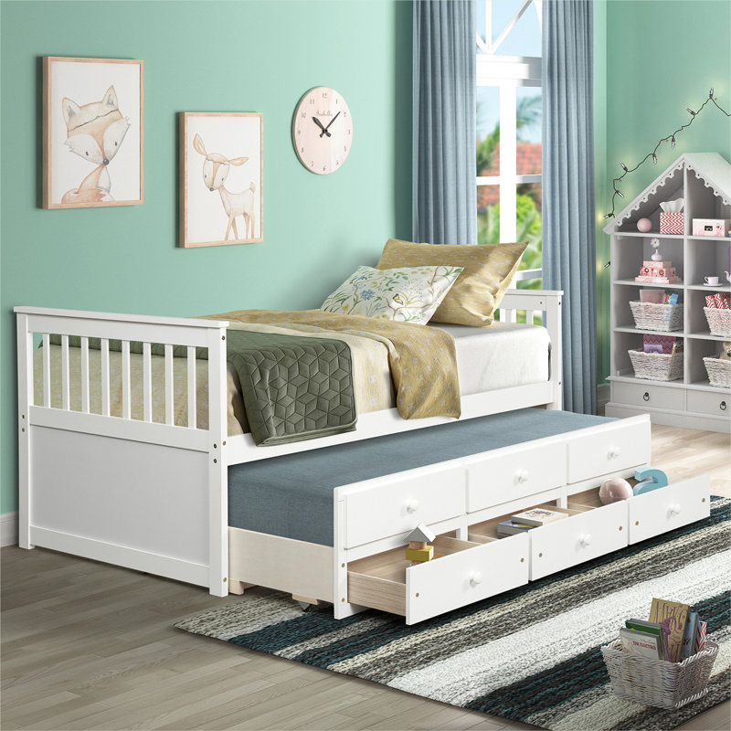 Coverson Twin Storage Platform Bed, Solid Wood Bed with 6 Drawers, White