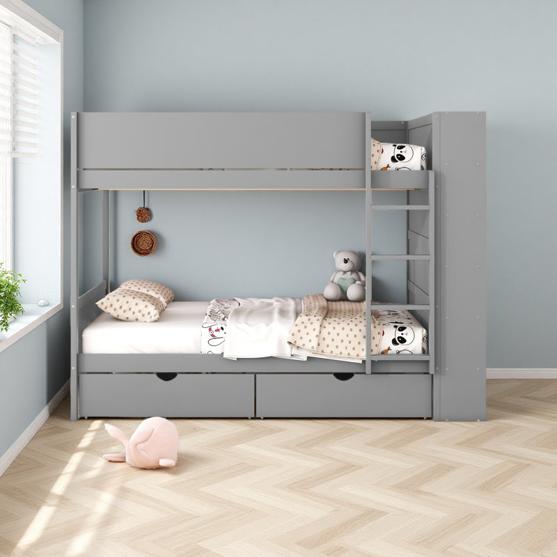 Lit superposé avec 2 tiroirs et armoire à couches multiples, Gris, Lit superposé double sur double