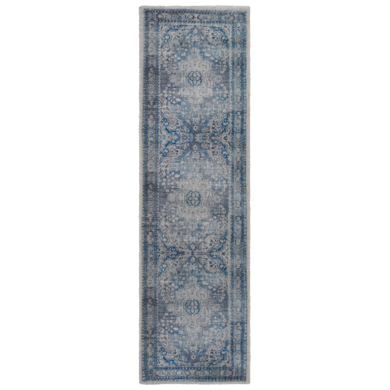 Amajae Vintage Hand Tufted Pet Yarn/Cotton Oriental Rug in Blue/Gray, Runner 2'3" x 8'